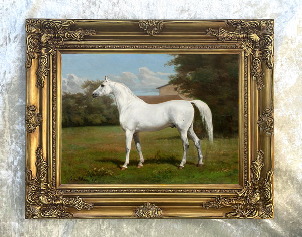 Excellent Lithograph on Canvas - Portrait of a Grey Horse in a Landscape