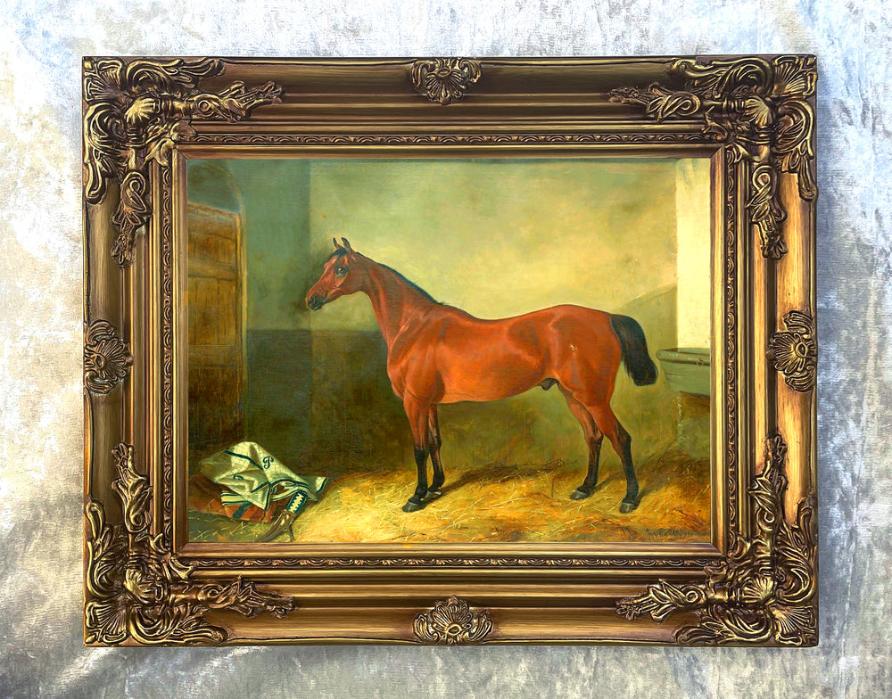 Fine Oleograph on Canvas of a Bay Hunter in a Stable