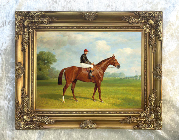 Fine Lithograph on Canvas of a Chestnut Racehorse with Jockey Up