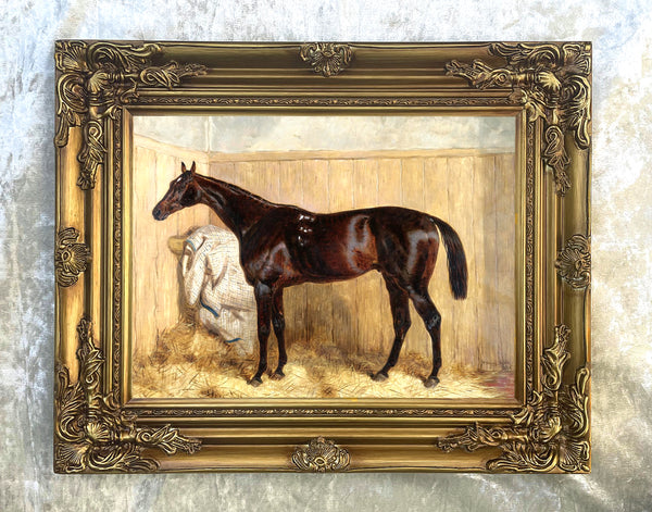 Fine Oleograph on Canvas - A Dark Bay Racehorse in a Stable