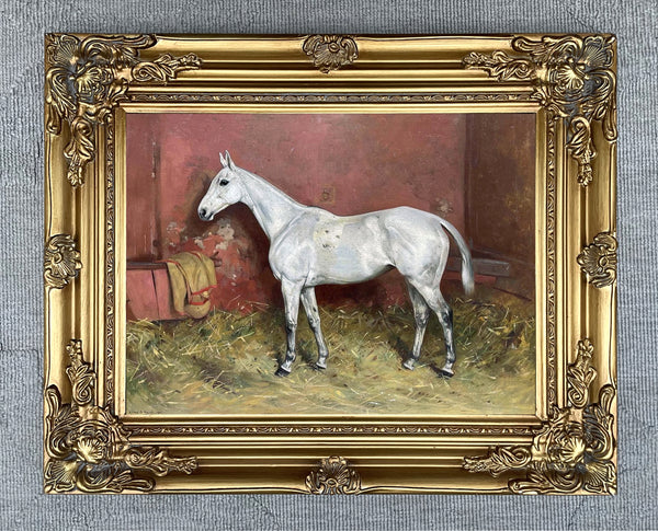 Fine Oleograph on Canvas of a Flea Bitten Grey Thoroughbred Horse in a Stable