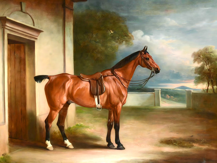 Fine Oleograph on Canvas of a Bay Hunter saddled in a Yard