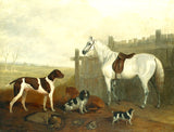 Fine Oleograph on Canvas - White Horse with Hounds  in a Stable Yard