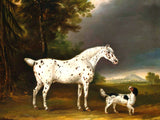 Excellent Oleograph on Canvas - Portrait of a Grey Horse & Dog in a Landscape