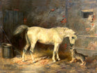 Fine Oleograph on Canvas of a Grey Horse & a Dog in a Stable