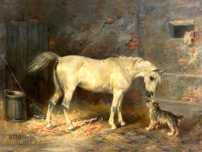 Fine Oleograph on Canvas of a Grey Horse & a Dog in a Stable