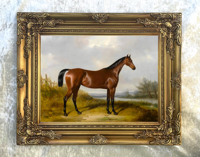 Fine Oleograph on Canvas of a Bay Hunter by a River