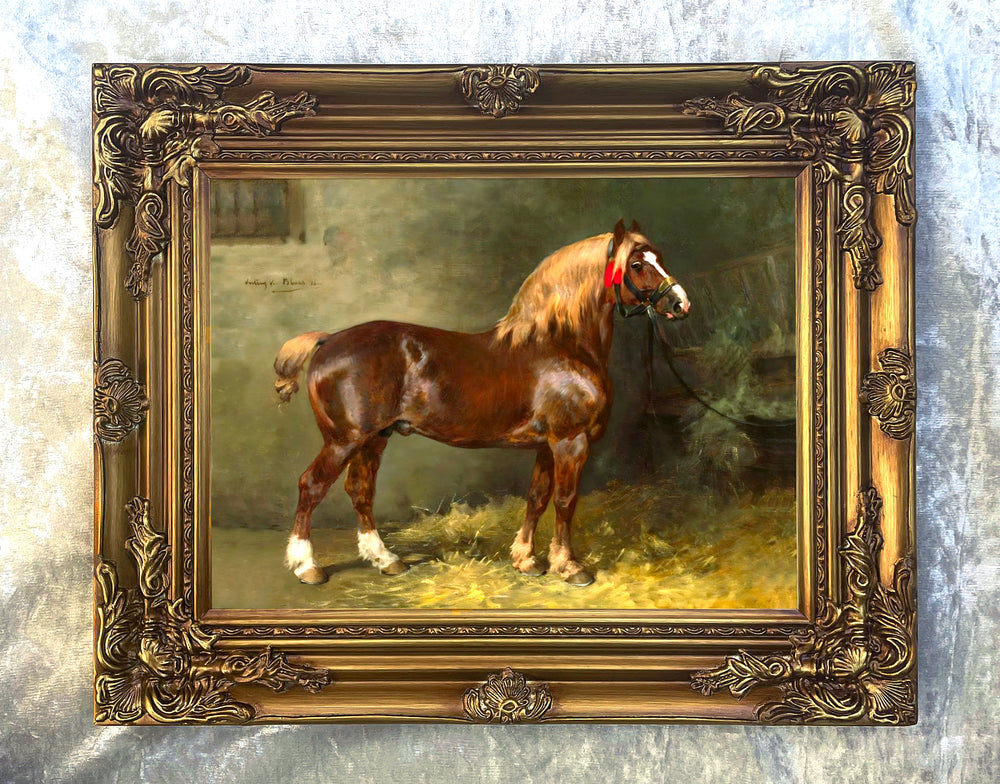 Fine Oleograph on Canvas of a Shire Horse in a Stable aft. Julius Von Blaas