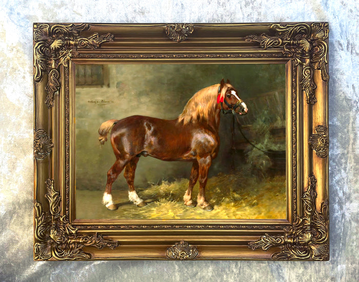 Fine Oleograph on Canvas of a Shire Horse in a Stable aft. Julius Von Blaas