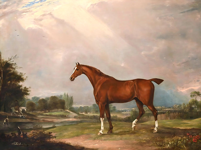 Fine Oleograph on Canvas of a Bay Hunter in an extensive Landscape