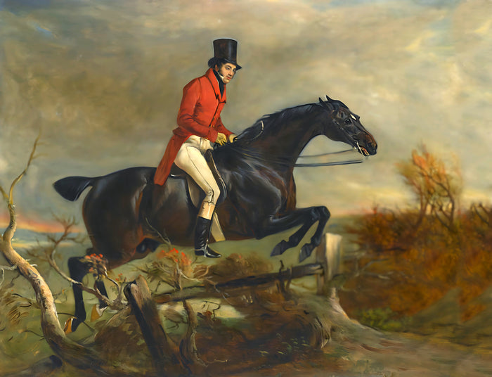 Fine Oleograph on Canvas of a Huntsman Taking a Fence