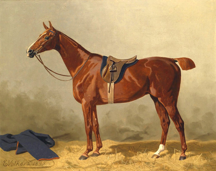 Fine Oleograph on Canvas - Study of a Chestnut Hunter in a Stall