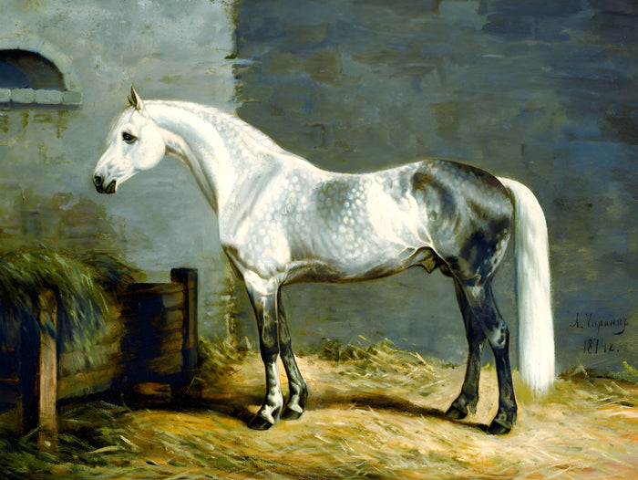 Oleograph on Canvas of a Dapple Grey Horse in a Stable