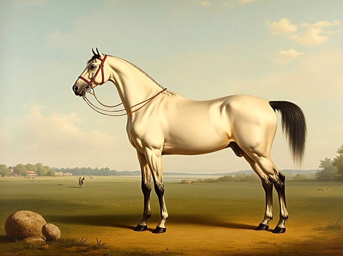 Gilt Framed Oleograph of a White Arabian Stallion in a Landscape