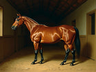 Gilt Framed Oleograph of a Bay Hunter "Persimmon" in a Stable