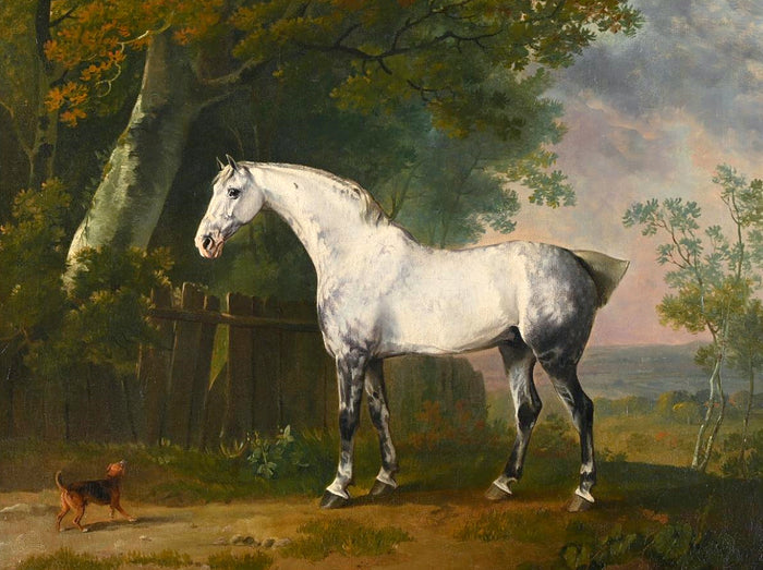 Fine Large Oleograph on Canvas of a Grey Horse & Dog in a Landscape