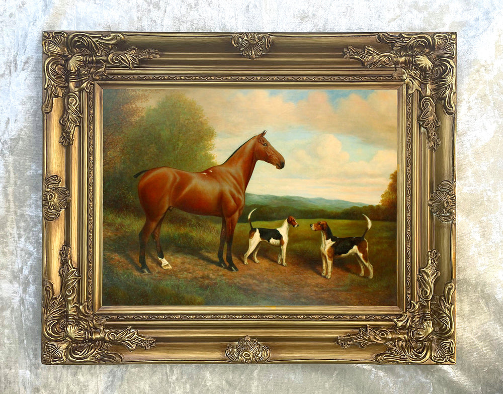 Fine Oleograph on Canvas of a Horse & Hounds