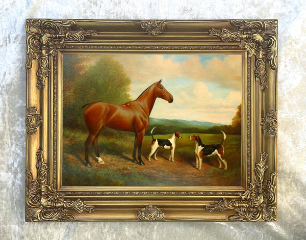 Fine Oleograph on Canvas of a Horse & Hounds