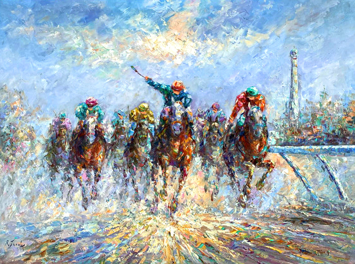Fine Oleograph on Stretched Canvas - Impressionist Horse Racing Scene