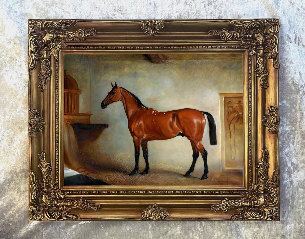 Gilt Framed Oleograph of  a Bay Horse in a Stable after Ferneley