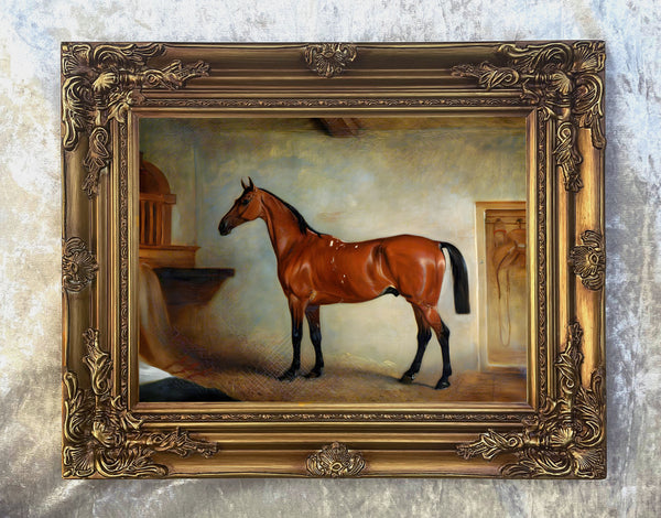 Gilt Framed Oleograph of  a Bay Horse in a Stable after Ferneley