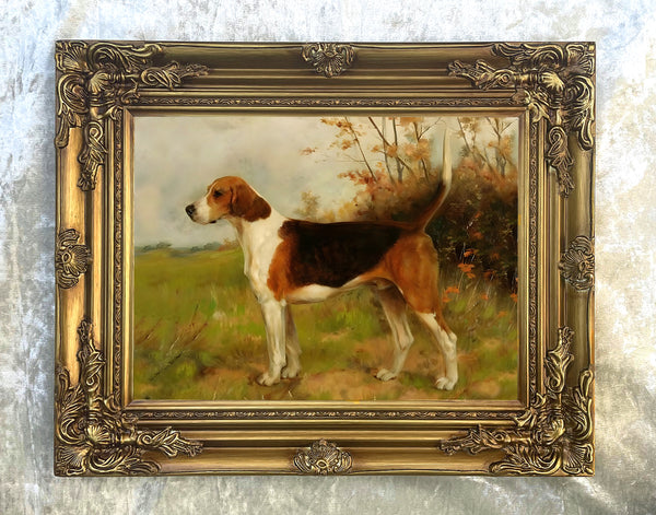 Beautiful Oleograph on Canvas - The English Foxhound "Oakley Dandy" in a Landscape