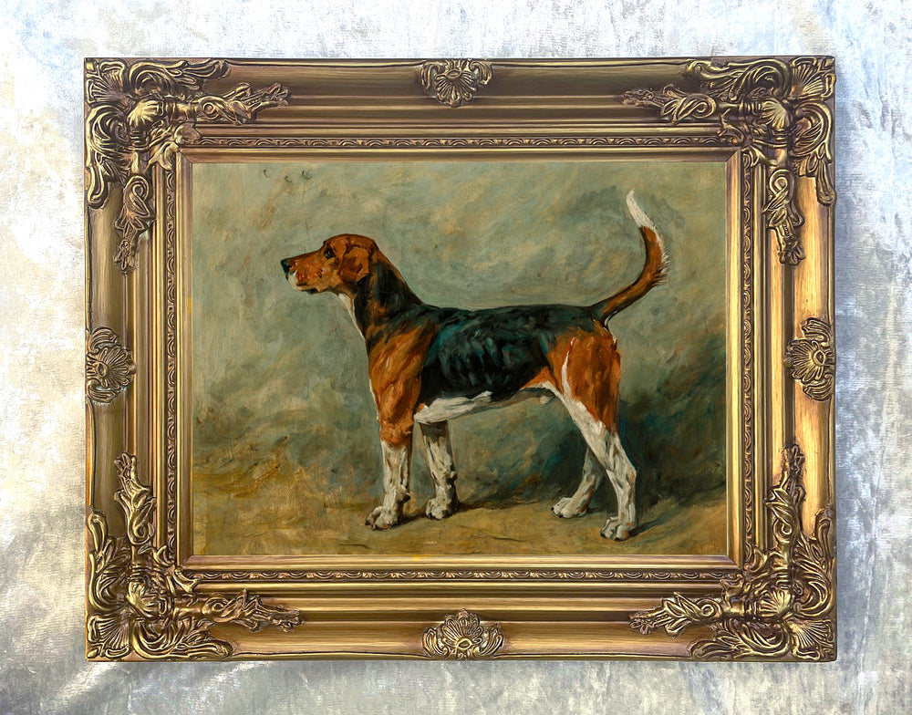 Beautiful Oleograph on Canvas - A Foxhound in a Stable