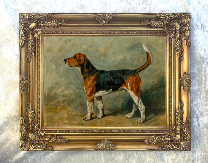 Beautiful Oleograph on Canvas - A Foxhound in a Stable