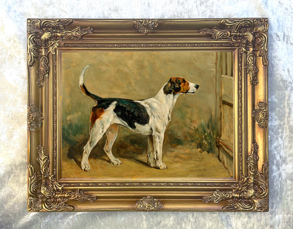 Beautiful Oleograph on Canvas - A Black & Tan Foxhound in a Stable