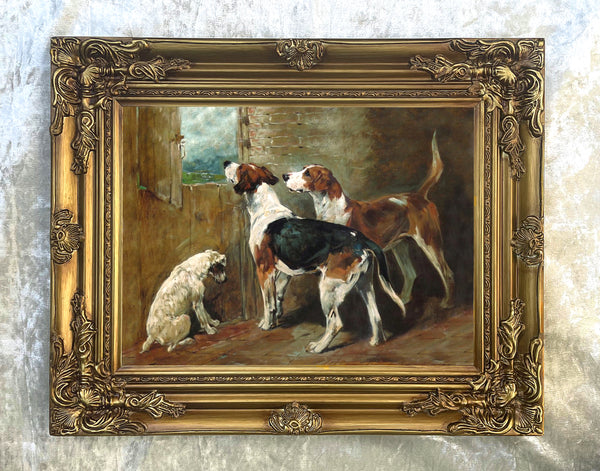 Gilt Framed Oleograph on Canvas- Foxhounds in a Stable after the original by John Emms