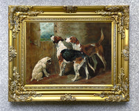 Gilt Framed Oleograph on Canvas- Foxhounds in a Stable after the original by John Emms