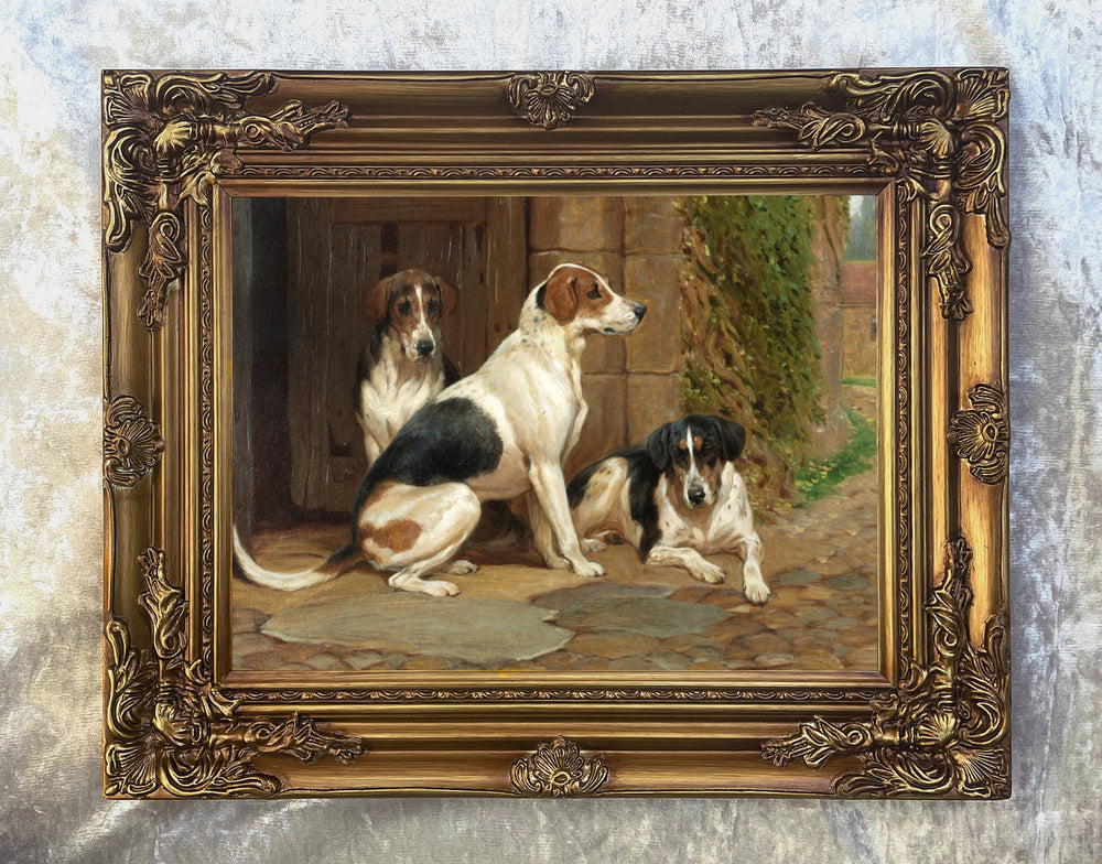 Gilt Framed Oleograph -  Foxhounds by a Stable after John Emms
