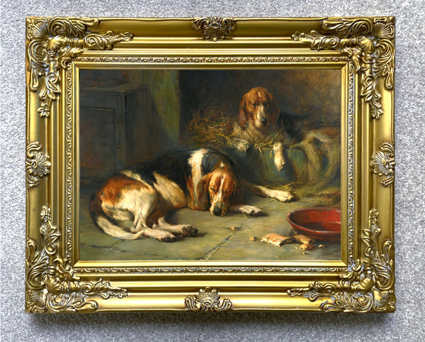 Gilt Framed Lithograph of Sleeping Foxhounds