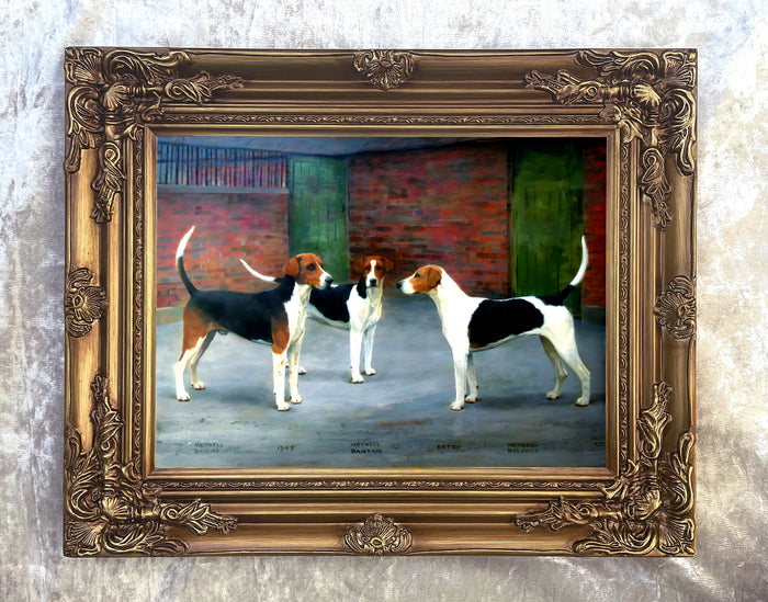 Fine Oleograph on Canvas of  3 Foxhounds in a Yard
