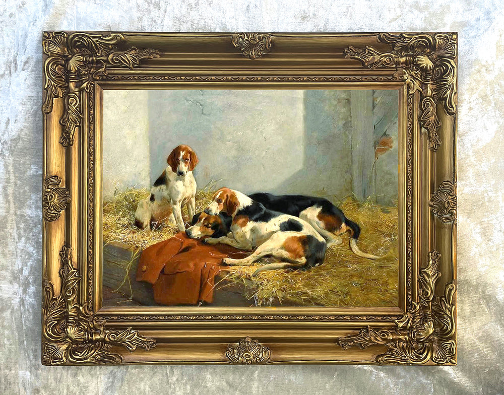 Fine Oleograph on Canvas - "Foxhounds in a Kennel"