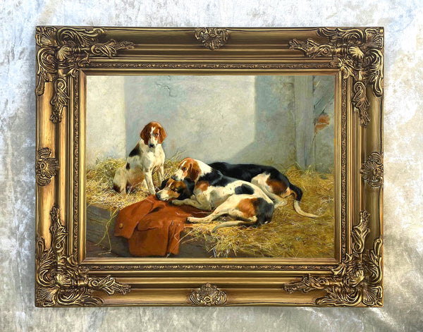 Fine Oleograph on Canvas - "Foxhounds in a Kennel"