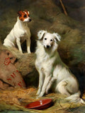 Framed Oleograph of a Jack Russell & Collie in a Stable