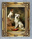 Framed Oleograph of a Jack Russell & Collie in a Stable