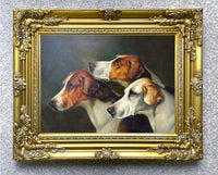 Gilt Framed Oleograph on Canvas Portrait of 3 Foxhounds