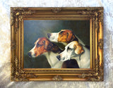 Gilt Framed Oleograph on Canvas Portrait of 3 Foxhounds