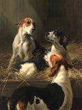 Gilt Framed Oleograph of 3 Foxhounds in a Stable