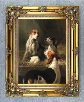 Gilt Framed Oleograph of 3 Foxhounds in a Stable