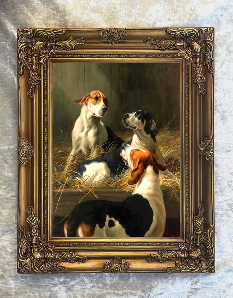 Gilt Framed Oleograph of 3 Foxhounds in a Stable