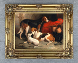 Gilt Framed Oleograph of Hounds in a Stable aft. William Barraud