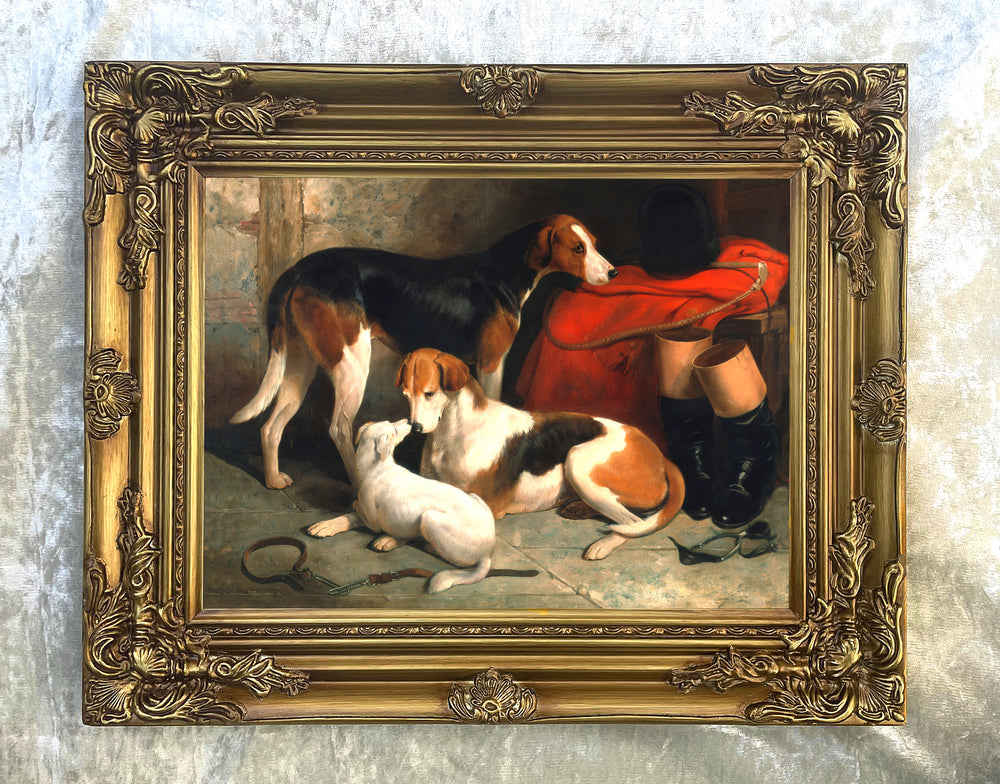 Gilt Framed Oleograph of Hounds in a Stable aft. William Barraud