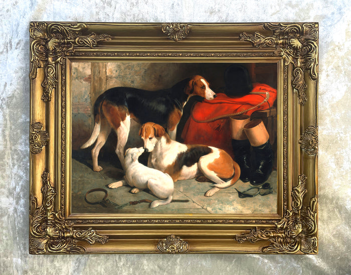 Gilt Framed Oleograph of Hounds in a Stable aft. William Barraud