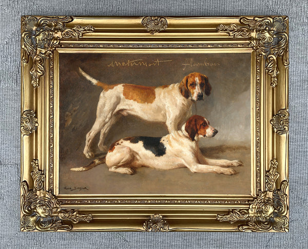 Fine Gilt Framed Oleograph of a Pair of  Resting Foxhounds