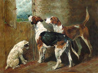 Gilt Framed Oleograph on Canvas- Foxhounds in a Stable after the original by John Emms