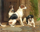 Gilt Framed Oleograph -  Foxhounds by a Stable after John Emms
