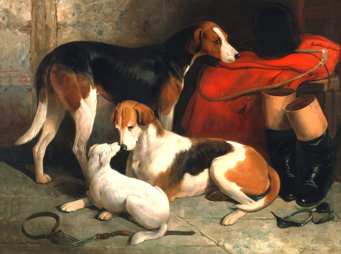 Gilt Framed Oleograph of Hounds in a Stable aft. William Barraud